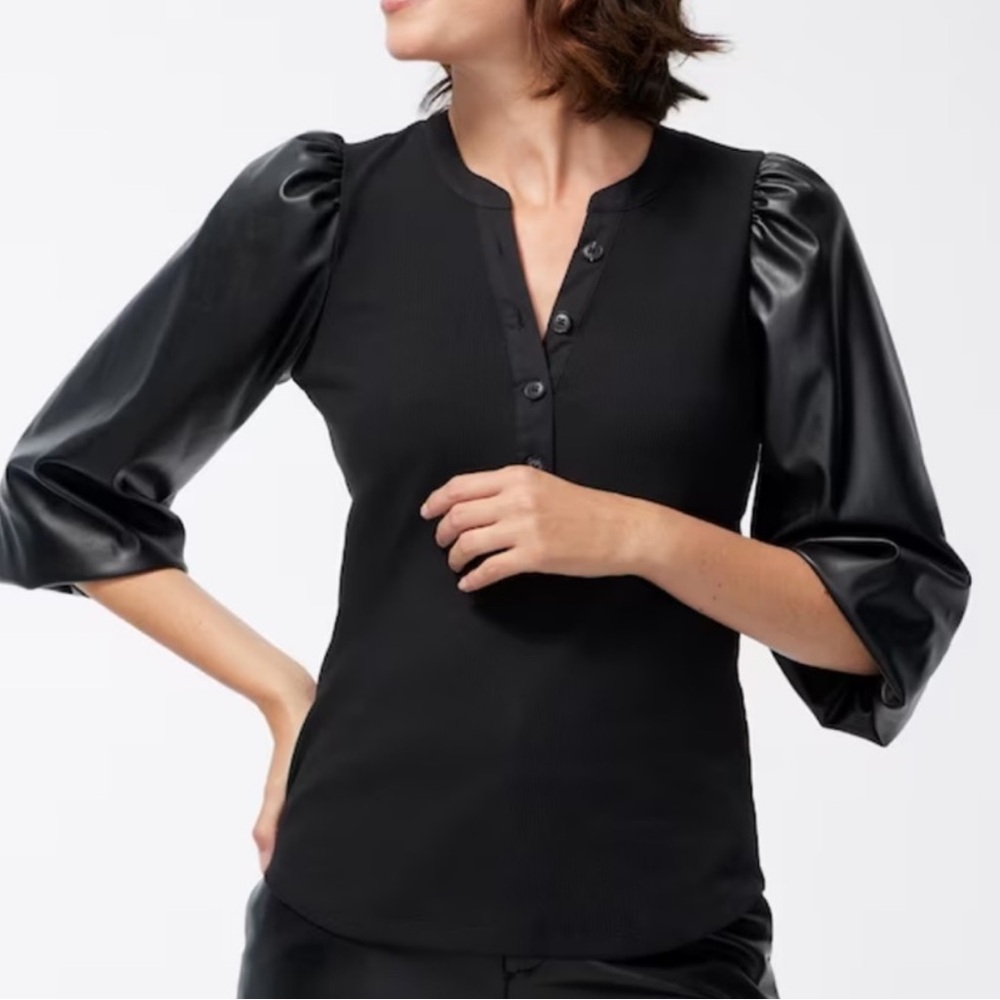Chicos Faux Leather Sleeve Henley Ribbed Top Black Size 3 XL
